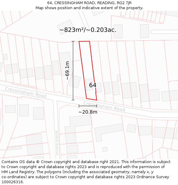 64, CRESSINGHAM ROAD, READING, RG2 7JR: Plot and title map