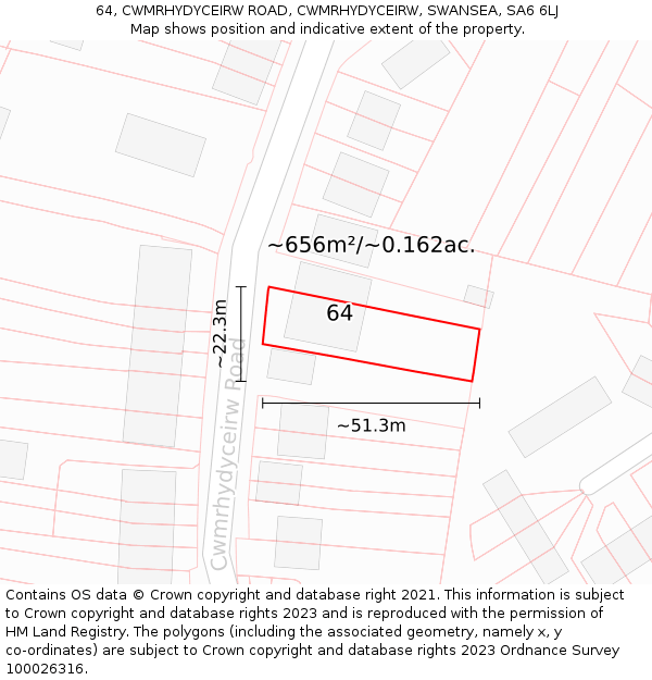 64, CWMRHYDYCEIRW ROAD, CWMRHYDYCEIRW, SWANSEA, SA6 6LJ: Plot and title map