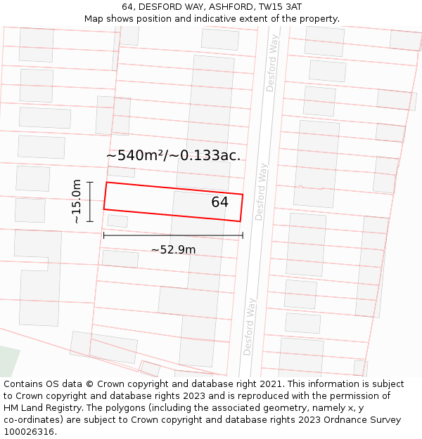 64, DESFORD WAY, ASHFORD, TW15 3AT: Plot and title map