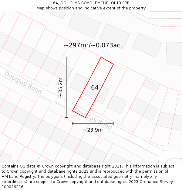 64, DOUGLAS ROAD, BACUP, OL13 9PR: Plot and title map