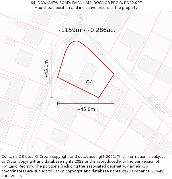 64, DOWNVIEW ROAD, BARNHAM, BOGNOR REGIS, PO22 0EE: Plot and title map