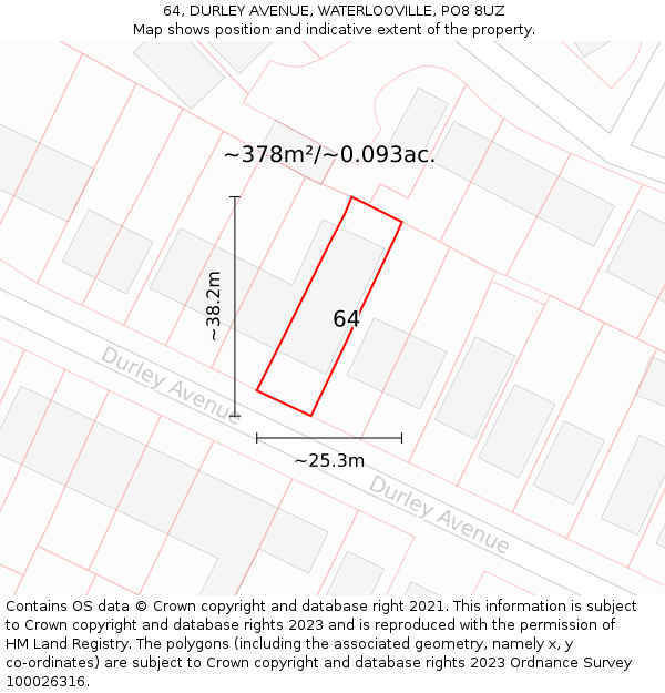 64, DURLEY AVENUE, WATERLOOVILLE, PO8 8UZ: Plot and title map