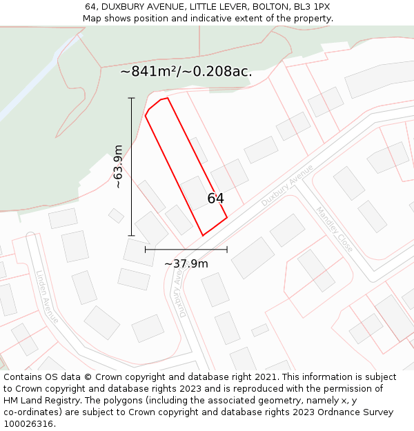 64, DUXBURY AVENUE, LITTLE LEVER, BOLTON, BL3 1PX: Plot and title map