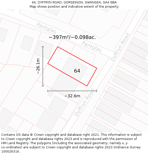 64, DYFFRYN ROAD, GORSEINON, SWANSEA, SA4 6BA: Plot and title map