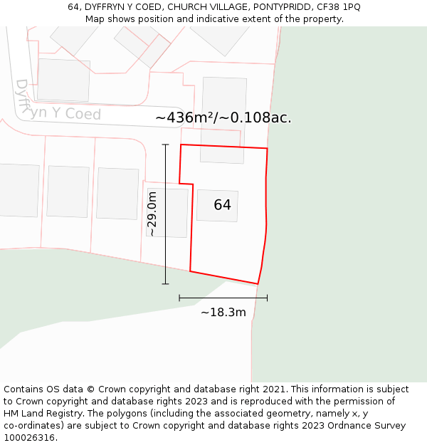 64, DYFFRYN Y COED, CHURCH VILLAGE, PONTYPRIDD, CF38 1PQ: Plot and title map