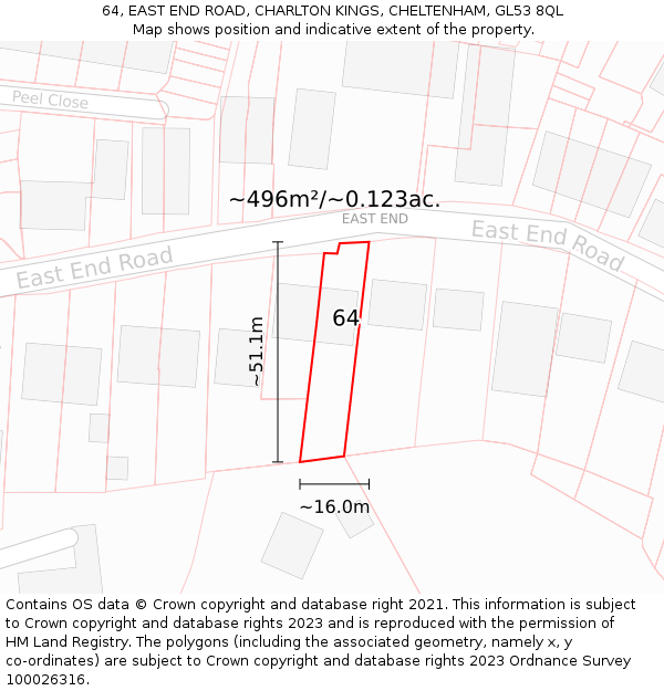 64, EAST END ROAD, CHARLTON KINGS, CHELTENHAM, GL53 8QL: Plot and title map