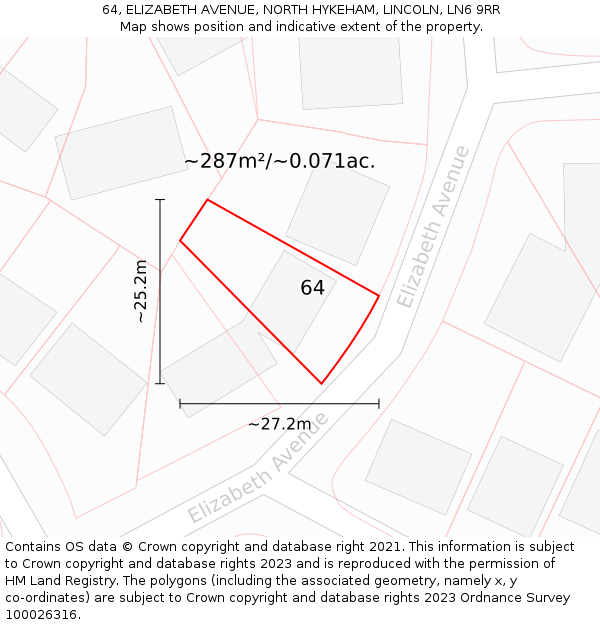 64, ELIZABETH AVENUE, NORTH HYKEHAM, LINCOLN, LN6 9RR: Plot and title map