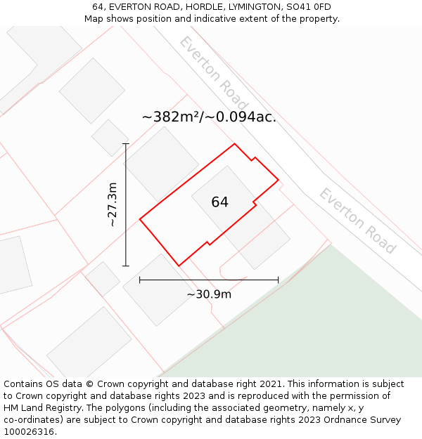 64, EVERTON ROAD, HORDLE, LYMINGTON, SO41 0FD: Plot and title map