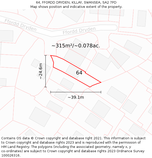 64, FFORDD DRYDEN, KILLAY, SWANSEA, SA2 7PD: Plot and title map