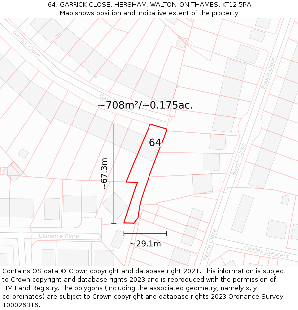 64, GARRICK CLOSE, HERSHAM, WALTON-ON-THAMES, KT12 5PA: Plot and title map