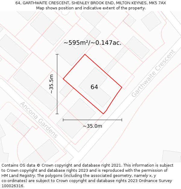 64, GARTHWAITE CRESCENT, SHENLEY BROOK END, MILTON KEYNES, MK5 7AX: Plot and title map