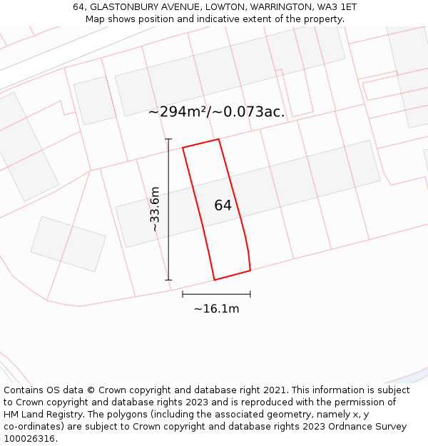 64, GLASTONBURY AVENUE, LOWTON, WARRINGTON, WA3 1ET: Plot and title map