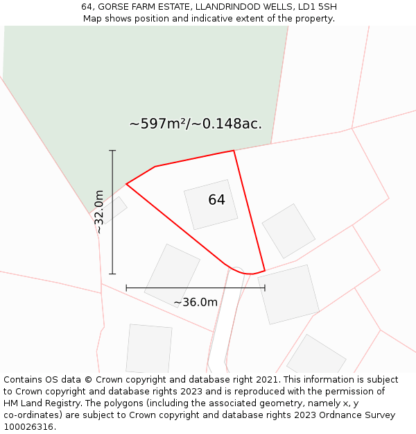 64, GORSE FARM ESTATE, LLANDRINDOD WELLS, LD1 5SH: Plot and title map