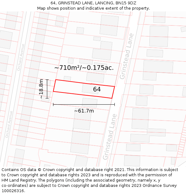 64, GRINSTEAD LANE, LANCING, BN15 9DZ: Plot and title map