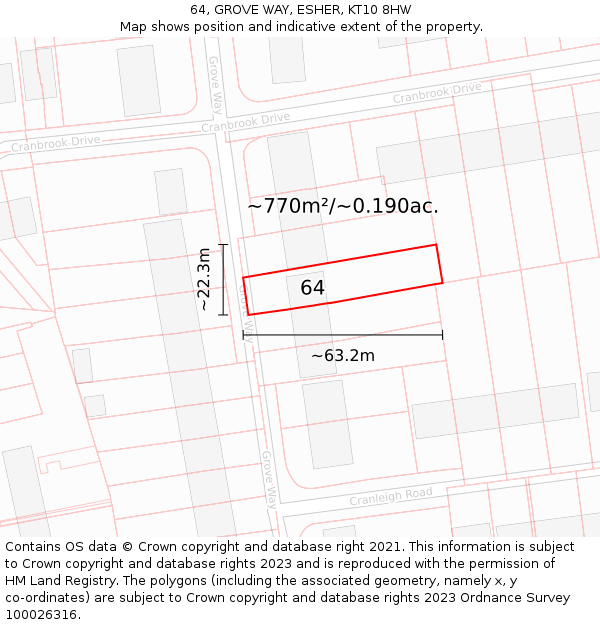 64, GROVE WAY, ESHER, KT10 8HW: Plot and title map