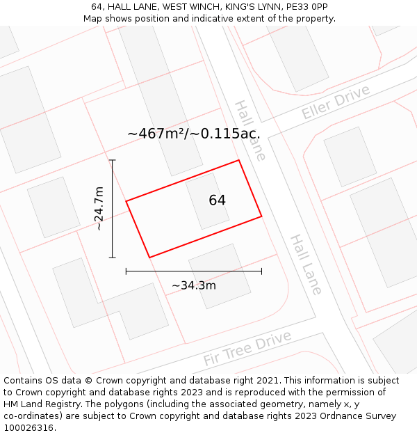 64, HALL LANE, WEST WINCH, KING'S LYNN, PE33 0PP: Plot and title map