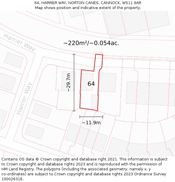 64, HARRIER WAY, NORTON CANES, CANNOCK, WS11 9AR: Plot and title map