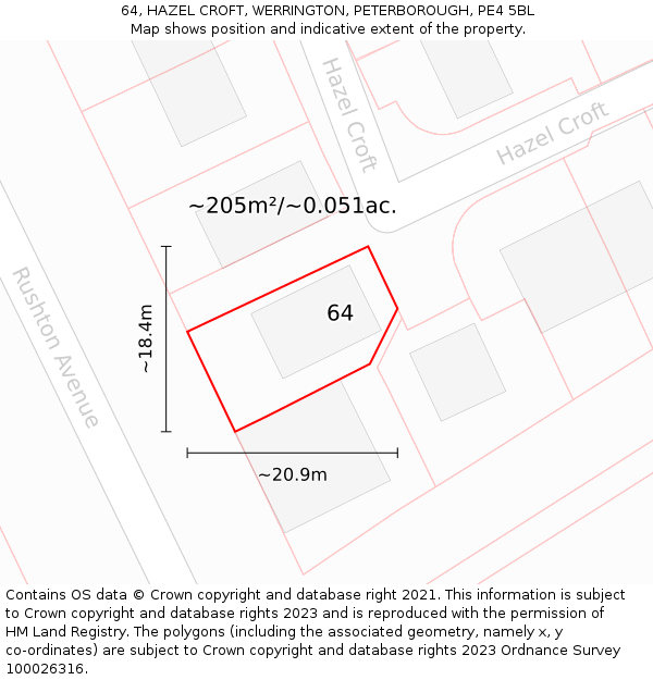 64, HAZEL CROFT, WERRINGTON, PETERBOROUGH, PE4 5BL: Plot and title map