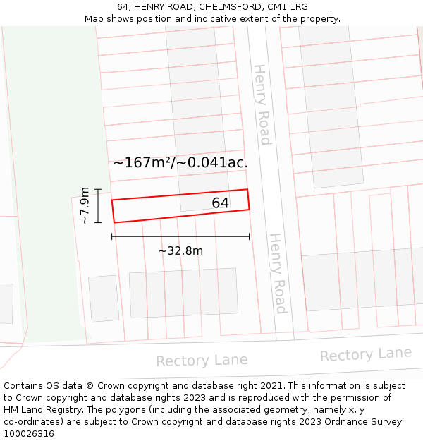 64, HENRY ROAD, CHELMSFORD, CM1 1RG: Plot and title map