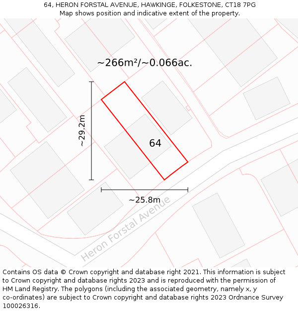 64, HERON FORSTAL AVENUE, HAWKINGE, FOLKESTONE, CT18 7PG: Plot and title map