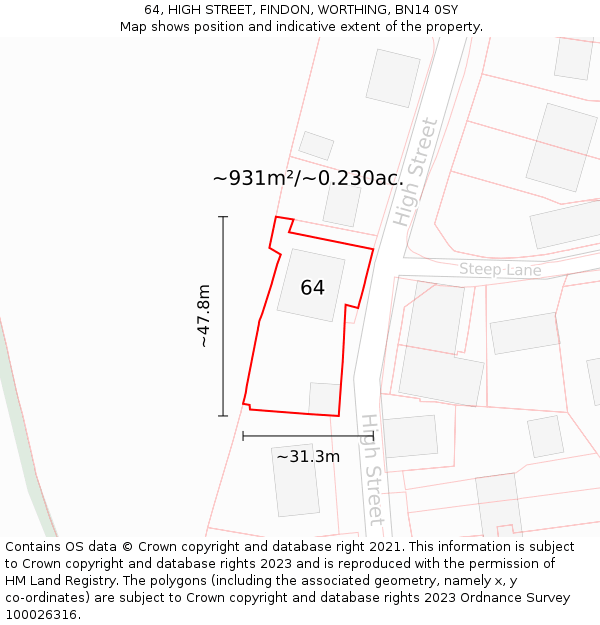 64, HIGH STREET, FINDON, WORTHING, BN14 0SY: Plot and title map