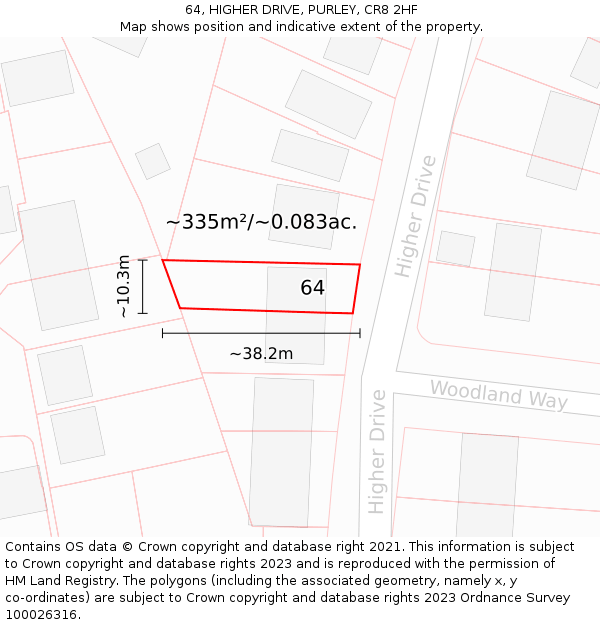 64, HIGHER DRIVE, PURLEY, CR8 2HF: Plot and title map