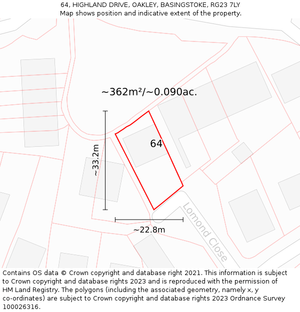 64, HIGHLAND DRIVE, OAKLEY, BASINGSTOKE, RG23 7LY: Plot and title map