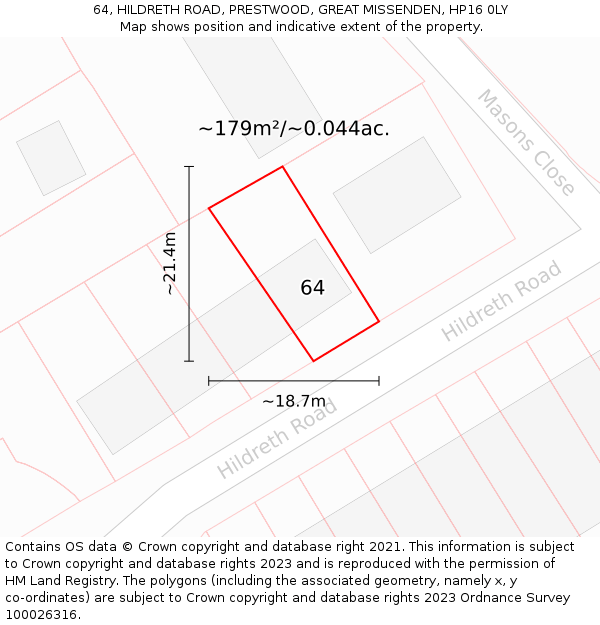 64, HILDRETH ROAD, PRESTWOOD, GREAT MISSENDEN, HP16 0LY: Plot and title map