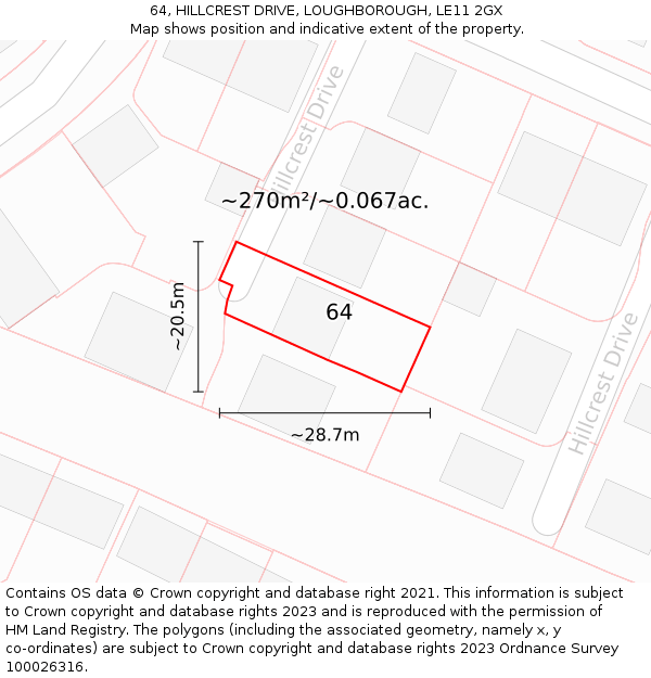 64, HILLCREST DRIVE, LOUGHBOROUGH, LE11 2GX: Plot and title map