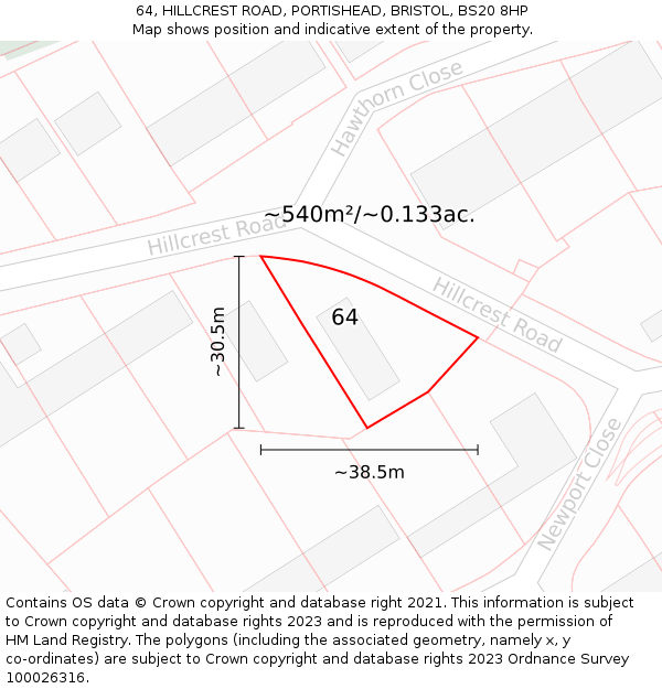 64, HILLCREST ROAD, PORTISHEAD, BRISTOL, BS20 8HP: Plot and title map