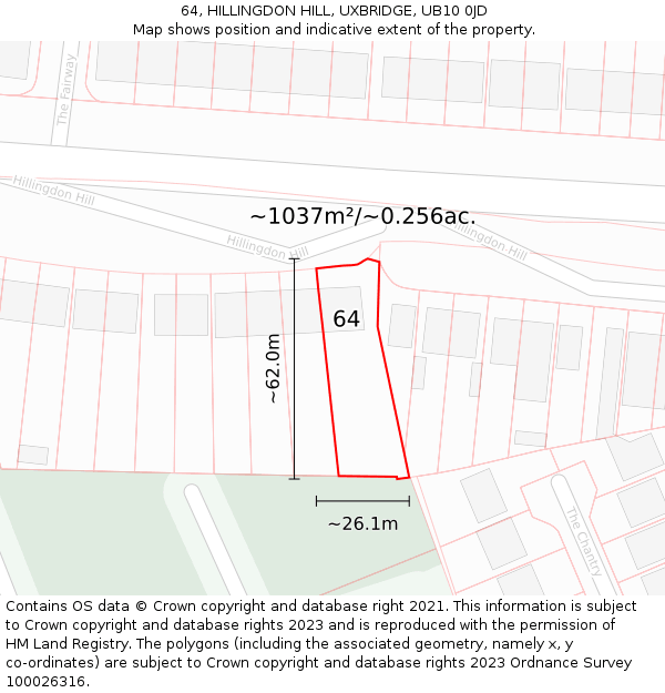 64, HILLINGDON HILL, UXBRIDGE, UB10 0JD: Plot and title map