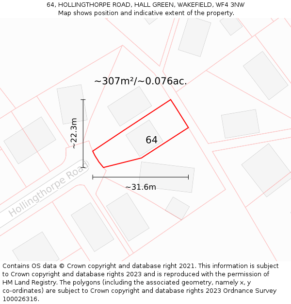 64, HOLLINGTHORPE ROAD, HALL GREEN, WAKEFIELD, WF4 3NW: Plot and title map