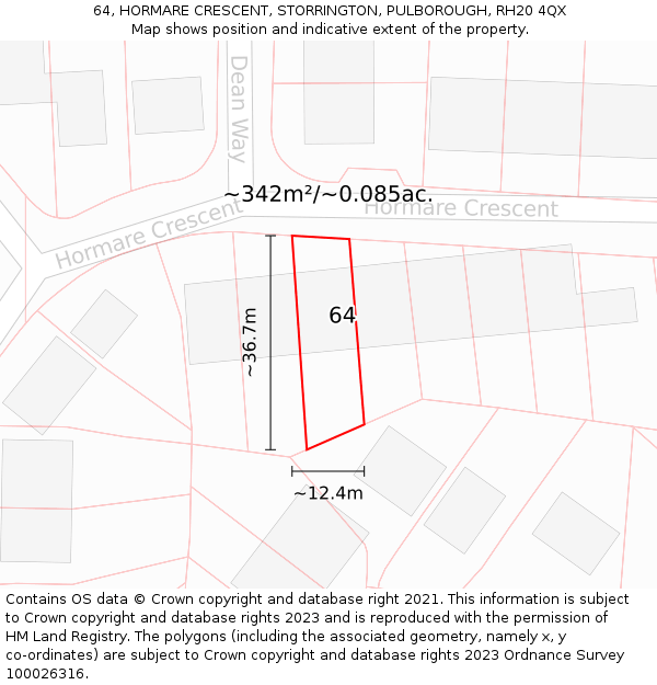 64, HORMARE CRESCENT, STORRINGTON, PULBOROUGH, RH20 4QX: Plot and title map