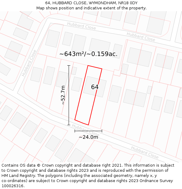 64, HUBBARD CLOSE, WYMONDHAM, NR18 0DY: Plot and title map