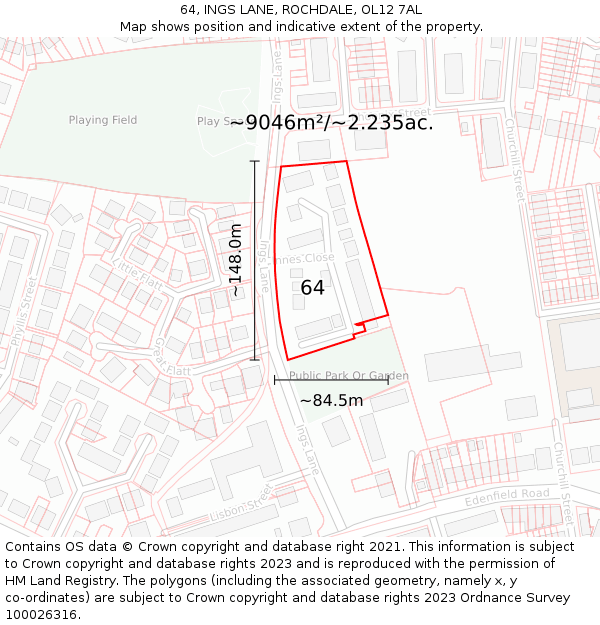 64, INGS LANE, ROCHDALE, OL12 7AL: Plot and title map