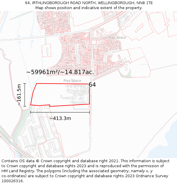 64, IRTHLINGBOROUGH ROAD NORTH, WELLINGBOROUGH, NN8 1TE: Plot and title map