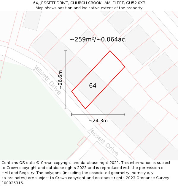 64, JESSETT DRIVE, CHURCH CROOKHAM, FLEET, GU52 0XB: Plot and title map