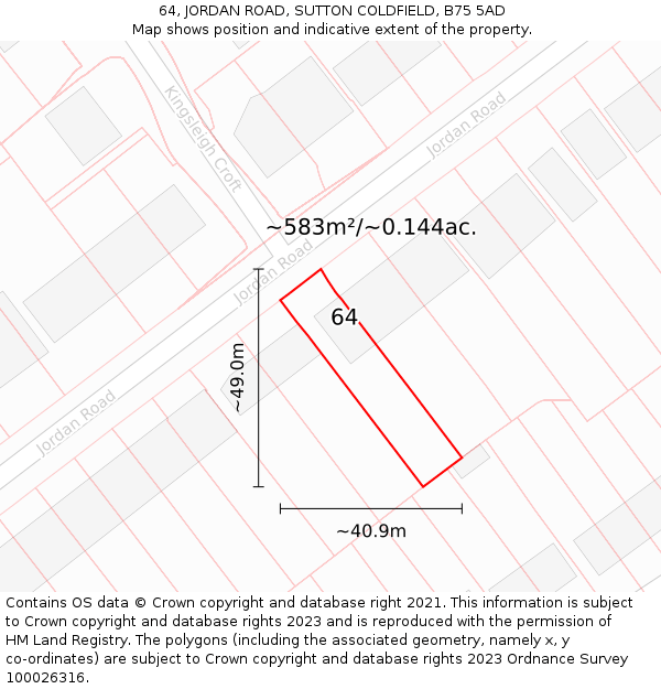 64, JORDAN ROAD, SUTTON COLDFIELD, B75 5AD: Plot and title map