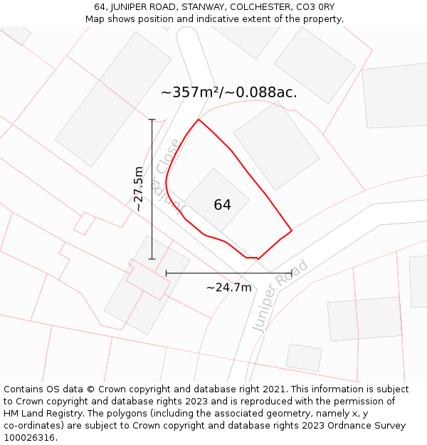 64, JUNIPER ROAD, STANWAY, COLCHESTER, CO3 0RY: Plot and title map