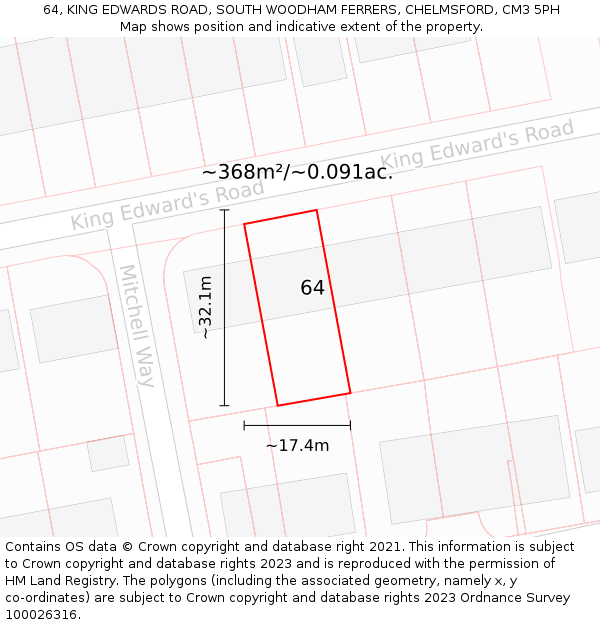 64, KING EDWARDS ROAD, SOUTH WOODHAM FERRERS, CHELMSFORD, CM3 5PH: Plot and title map