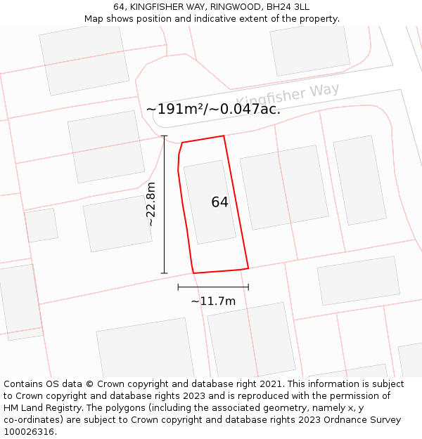 64, KINGFISHER WAY, RINGWOOD, BH24 3LL: Plot and title map