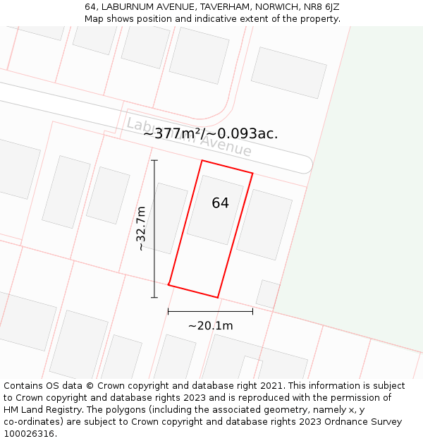 64, LABURNUM AVENUE, TAVERHAM, NORWICH, NR8 6JZ: Plot and title map