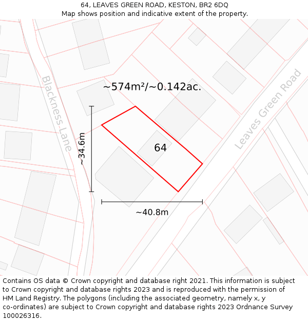 64, LEAVES GREEN ROAD, KESTON, BR2 6DQ: Plot and title map