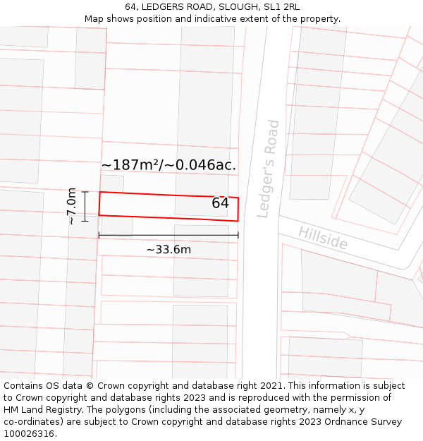 64, LEDGERS ROAD, SLOUGH, SL1 2RL: Plot and title map