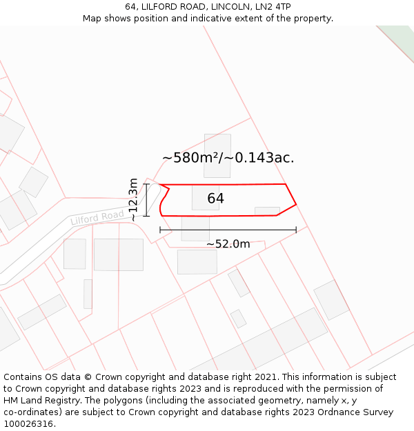 64, LILFORD ROAD, LINCOLN, LN2 4TP: Plot and title map