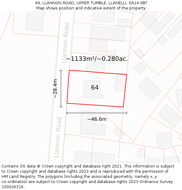 64, LLANNON ROAD, UPPER TUMBLE, LLANELLI, SA14 6BT: Plot and title map