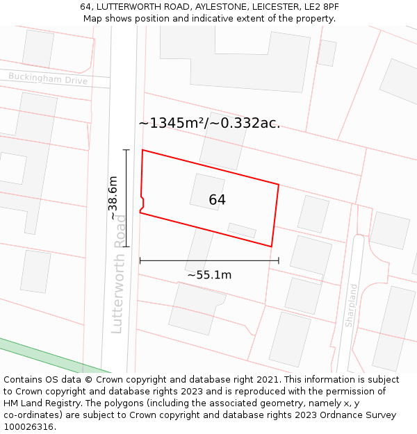 64, LUTTERWORTH ROAD, AYLESTONE, LEICESTER, LE2 8PF: Plot and title map