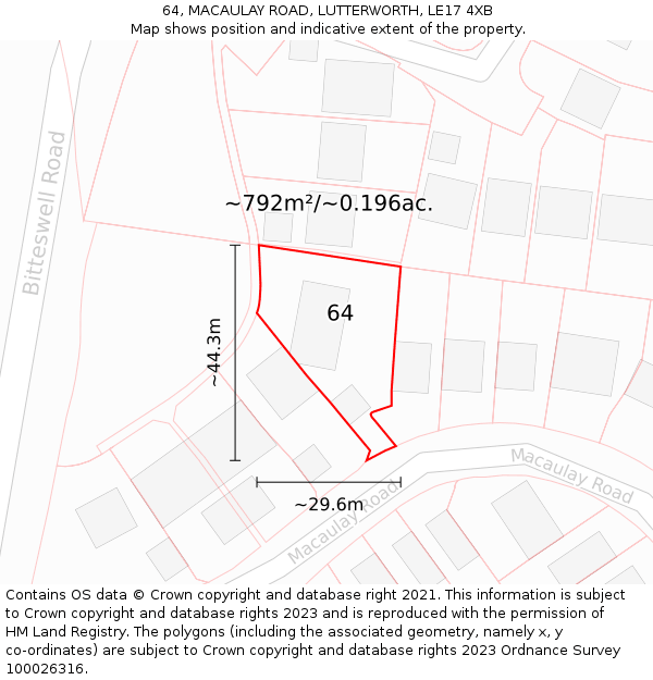 64, MACAULAY ROAD, LUTTERWORTH, LE17 4XB: Plot and title map