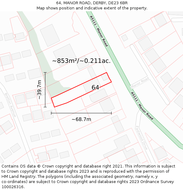 64, MANOR ROAD, DERBY, DE23 6BR: Plot and title map