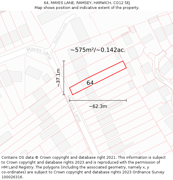 64, MAYES LANE, RAMSEY, HARWICH, CO12 5EJ: Plot and title map